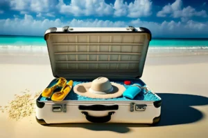 Open suitcase on a beach showing it packed with a hat, sunscreen and shoes
