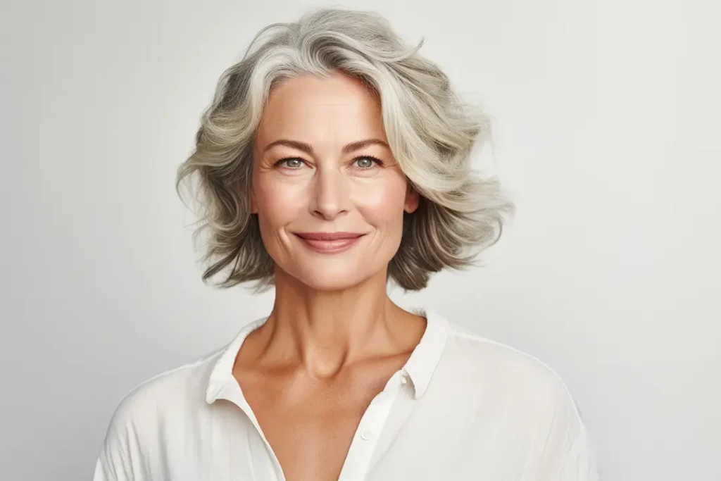 A mature woman with grey hair smiling