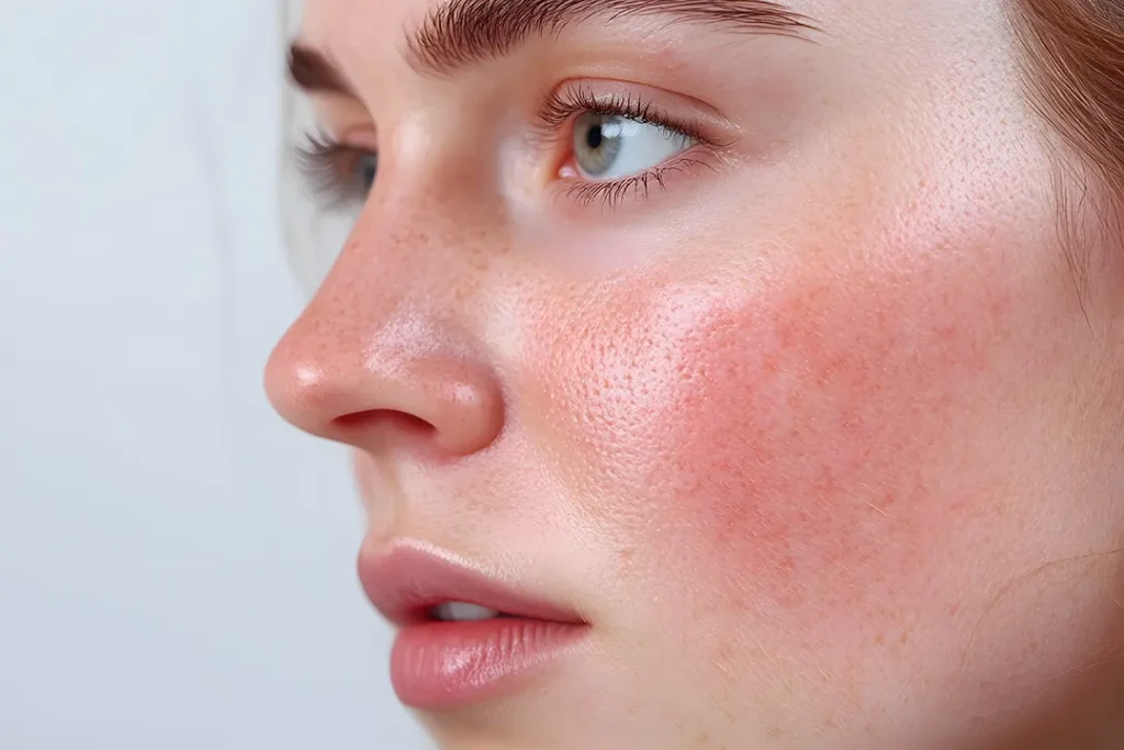 A young woman's face with red and inflamed skin, viewed from the side