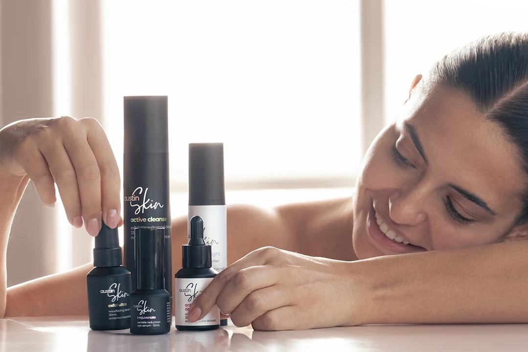 Austin Skin products with a model